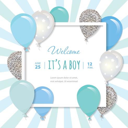 Balloons in paper cut out square frame. Birthday and boy baby shower design vector