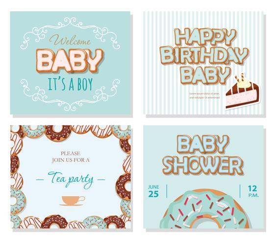 Tarjetas de baby shower para niños. Dulces plantillas en azul pastel. vector