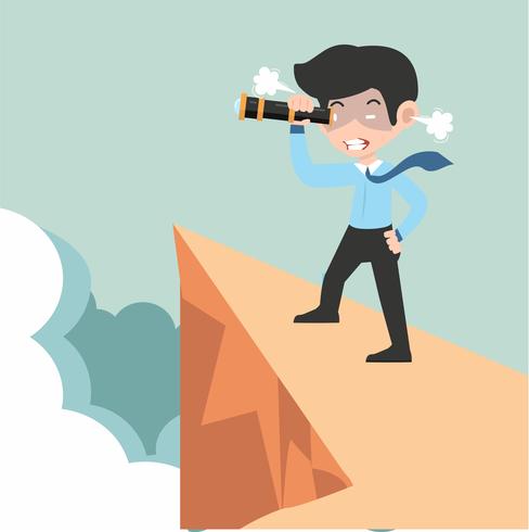 angry businessman with a telescope on mountain vector