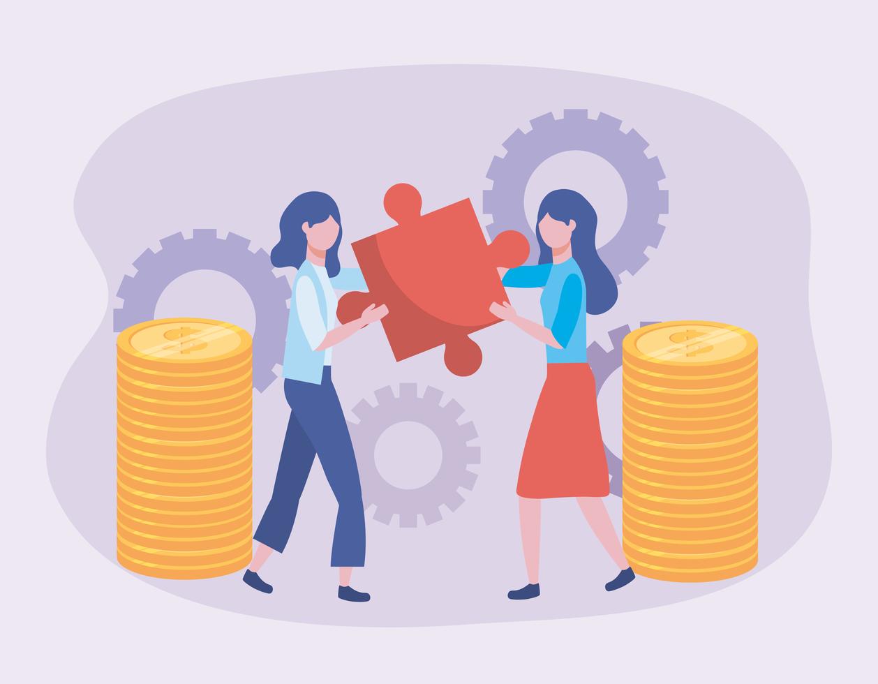 Businesswomen with puzzle pieces and coins 671091 Vector Art at Vecteezy