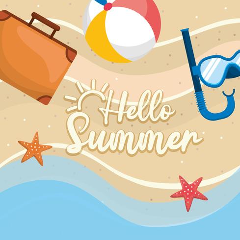 Hello summer message on sand with briefcase and snorkel mask  vector