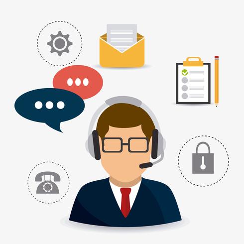 Male Customer service support agent surrounding by office icons vector