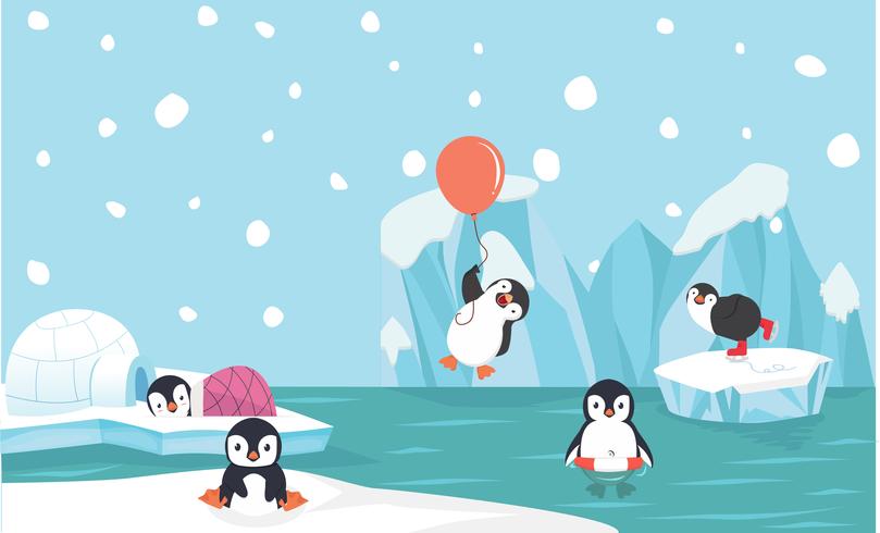 Cute penguin characters set with North pole background vector