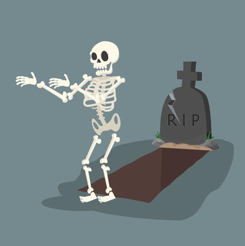 open grave and headstone with skeleton vector