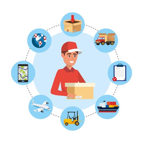 Male delivering package with delivery service icons  vector