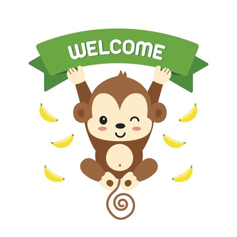 Little monkey and lettering welcome. vector