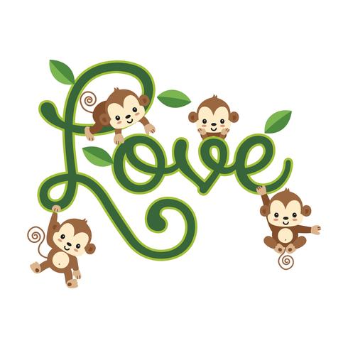 Little monkeys hanging on LOVE lettering. vector