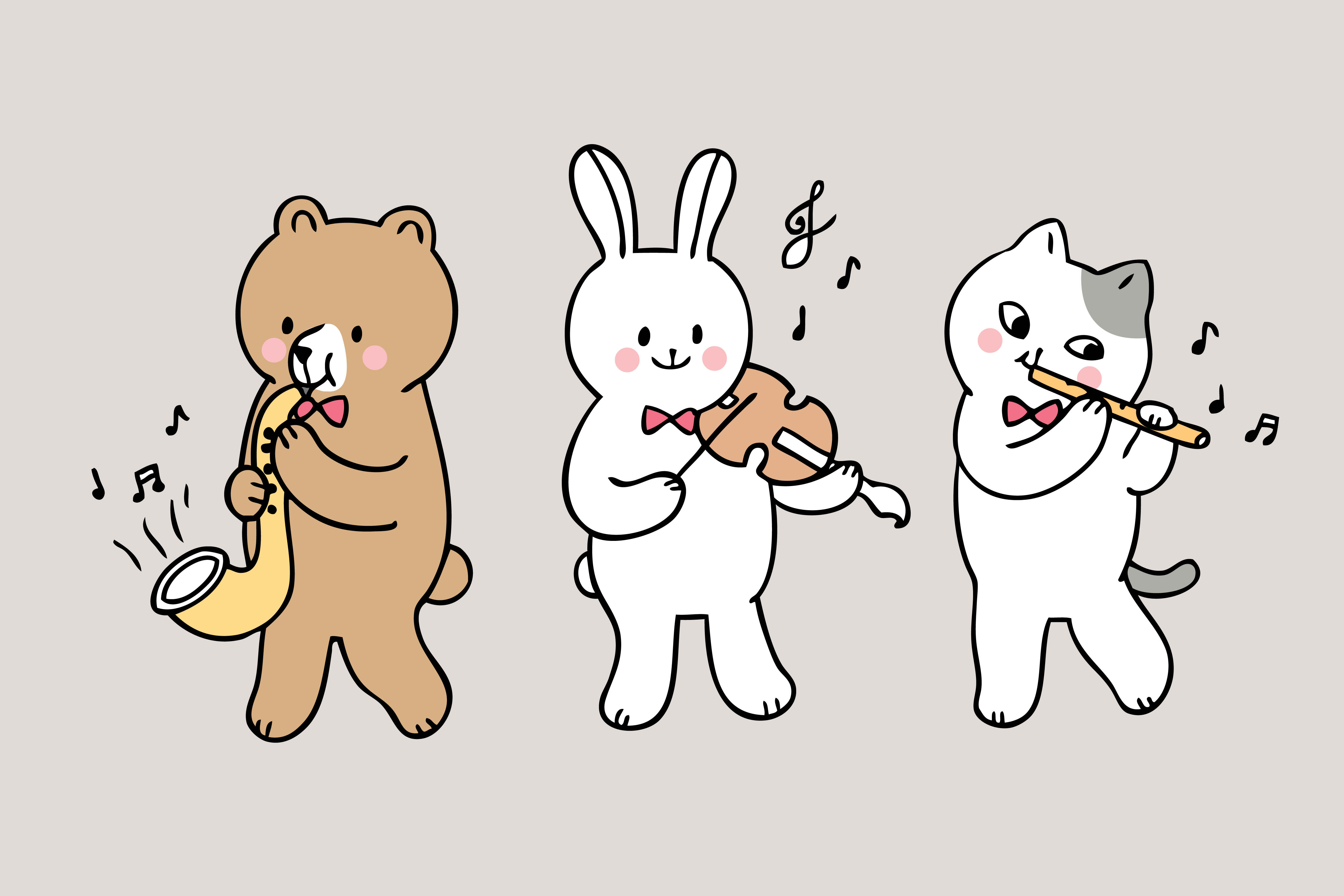 Cartoon cute back to school animals playing music in class