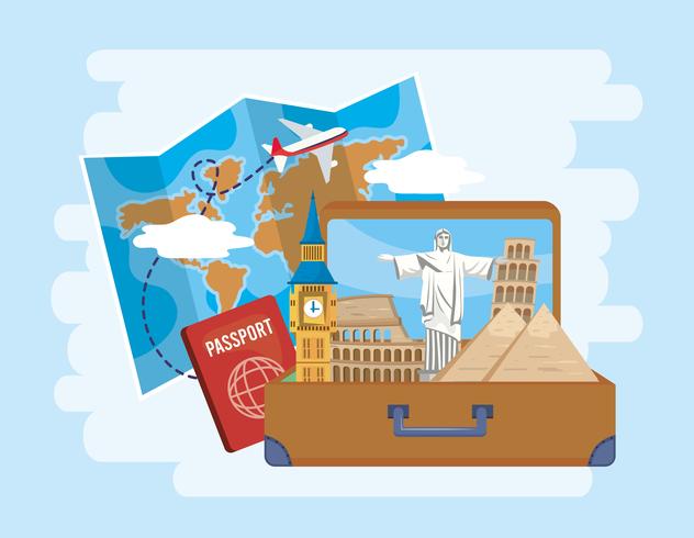 Landmarks in suitcase with passport and map vector