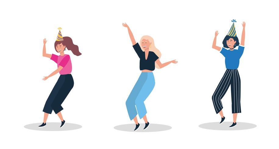 Set of women dancing with party hats  vector