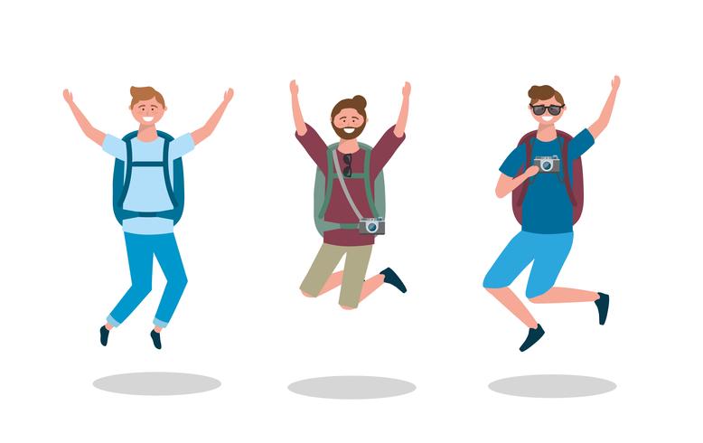 Set of tourist men jumping with backpacks  vector