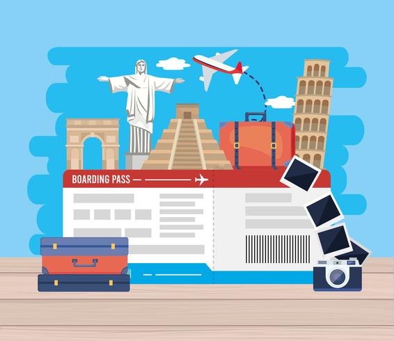 Airplane tickets with landmarks with camera  vector