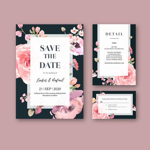 Invitación de boda floral rosa en conjunto de tarjeta negra vector