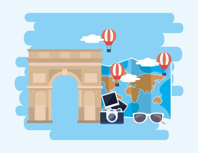 Arc de Triomphe with camera and hot air balloons vector