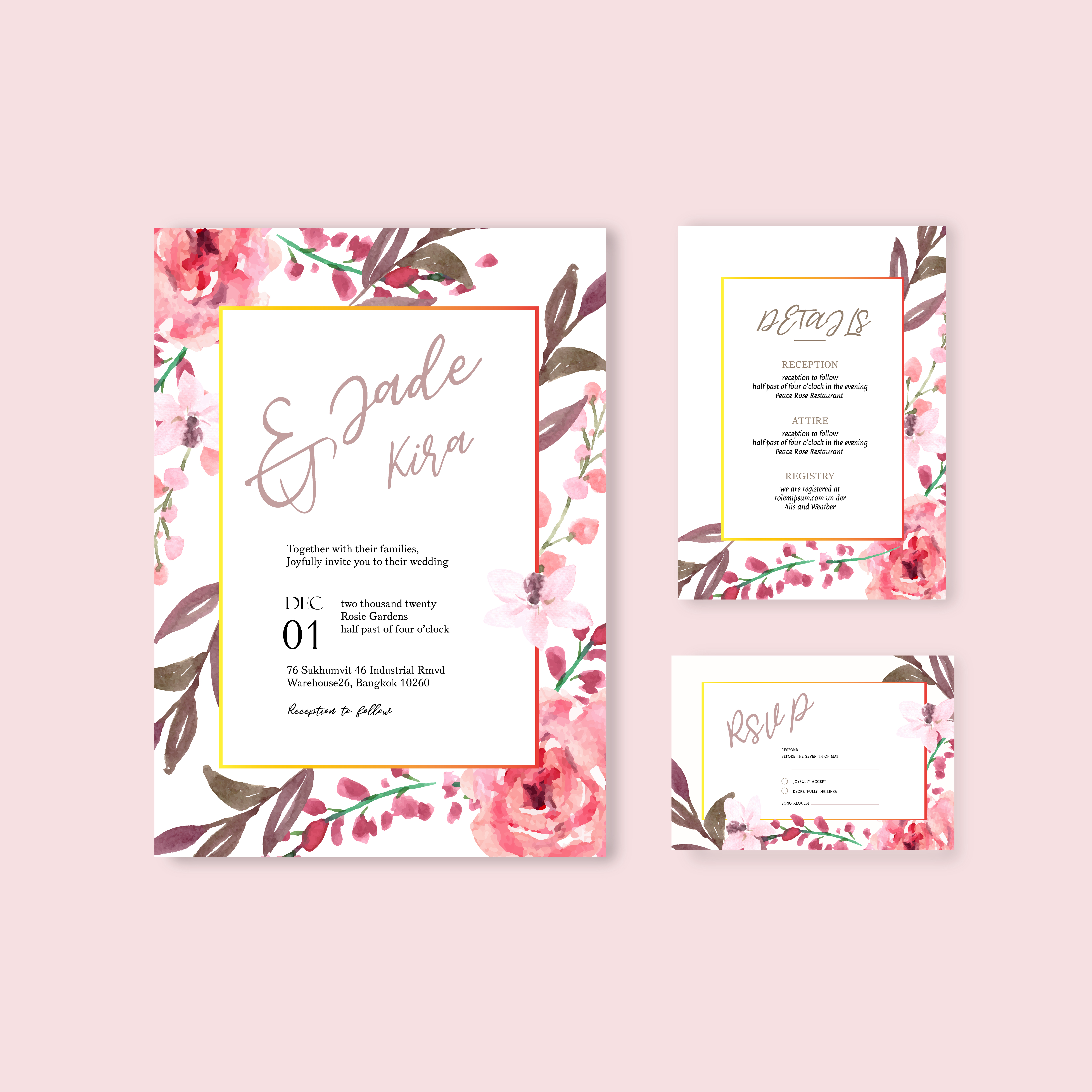 Pink Floral Wedding Invitation Card Set 671349 Vector Art at Vecteezy