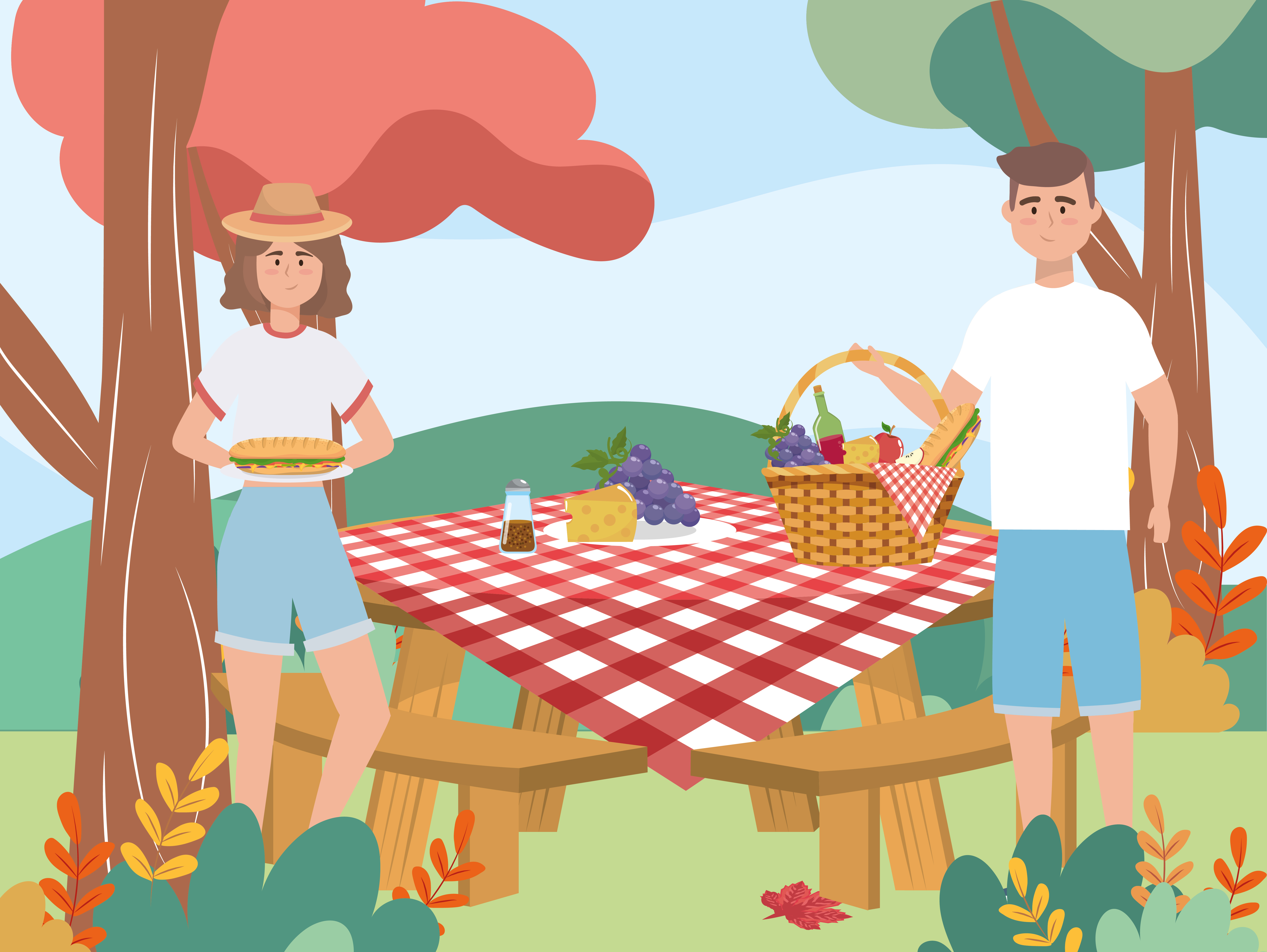 Woman and man with picnic at table - Download Free Vectors, Clipart