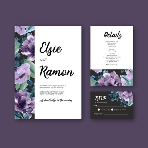 Invitación de boda floral púrpura y colección de tarjetas RSVP vector