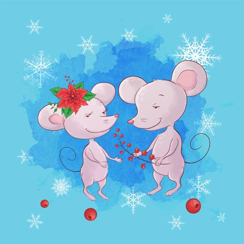 Mouse Couple Christmas Hand Drawn Greeting Card vector