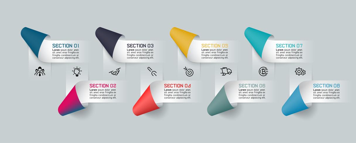 Infographics with paper ribbon labels and 8 processes vector