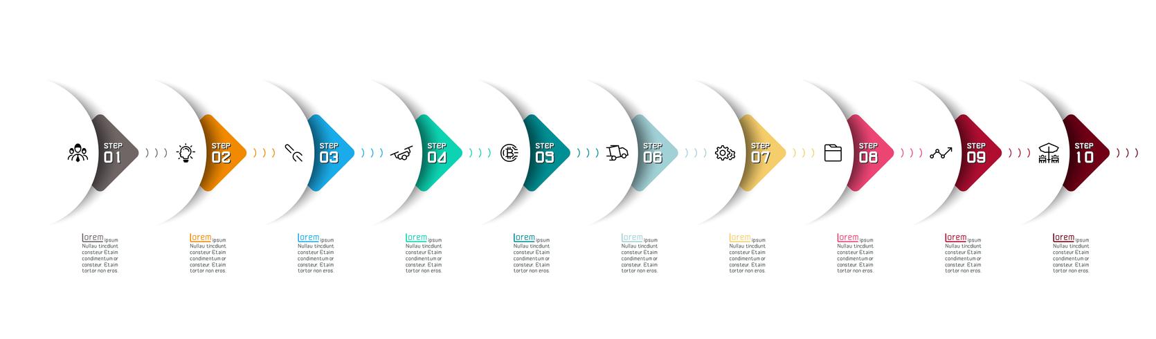 Flecha de semicírculo en infografías horizontales con 10 pasos vector