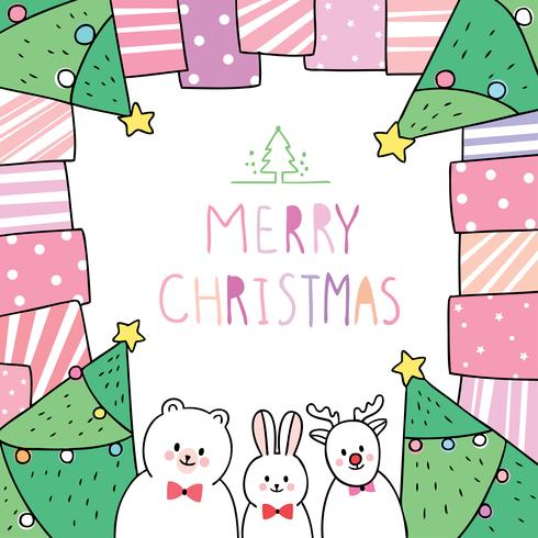 Christmas, Bear and rabbit and deer in gift frame  vector