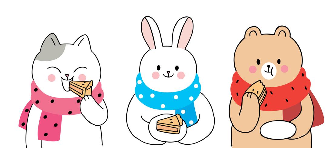 Autumn, cat and rabbit and bear eating pie  vector