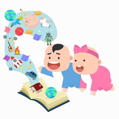 Cute little baby boy y baby girl libro abierto historias maravillosas vector