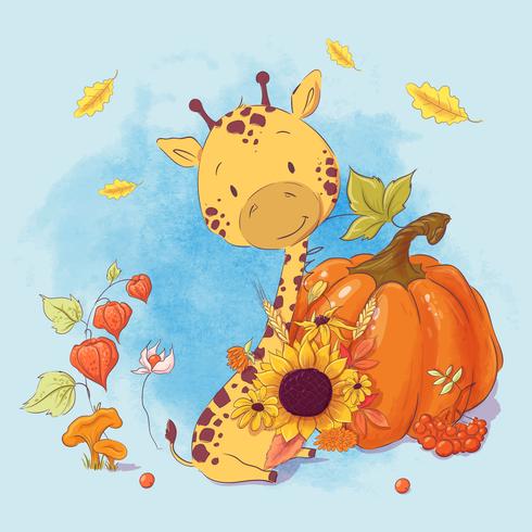 Greeting card with cartoon cute giraffe and pumpkin vector