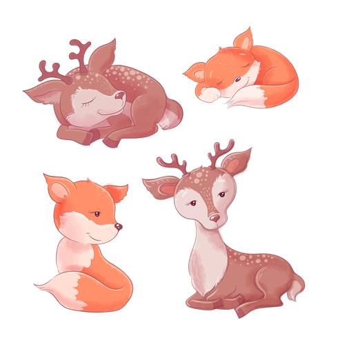 Set of cartoon cute fox and deer vector