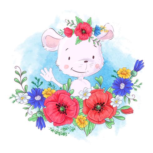 Cartoon cute little mouse in a wreath of red poppies and cornflowers, wildflowers vector