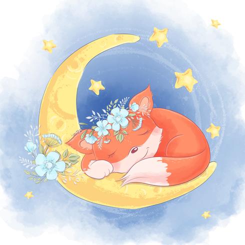 Dibujos animados lindo zorro con flores blancas durmiendo en la luna vector