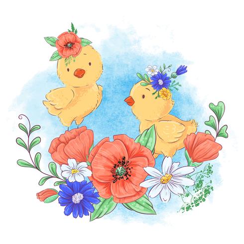 Ilustración de dibujos animados de un lindo pollo en una corona de flores rojas. vector