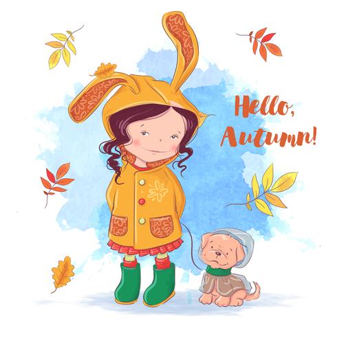 Autumn card with a girl and a dog, autumn leaves vector