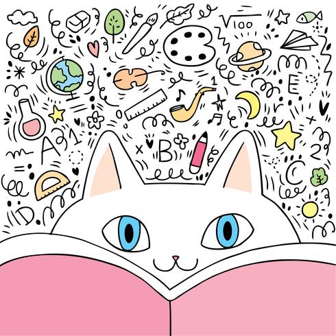 Dibujos animados gato y libro con garabatos de regreso a la escuela en segundo plano. vector