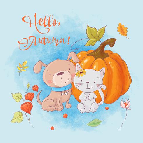 Tarjeta de felicitación de dibujos animados lindo gato, perro y calabaza con texto Hola otoño vector