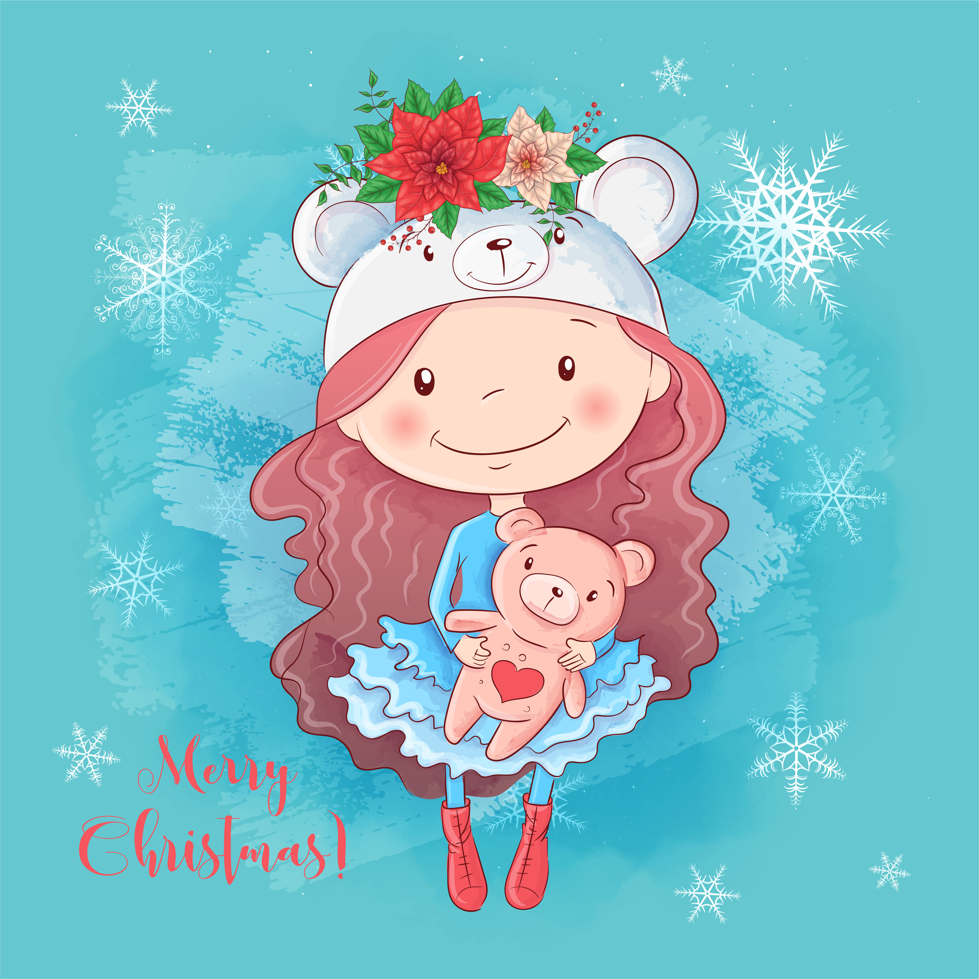 Christmas card with cartoon girl with teddy bear and a bouquet of