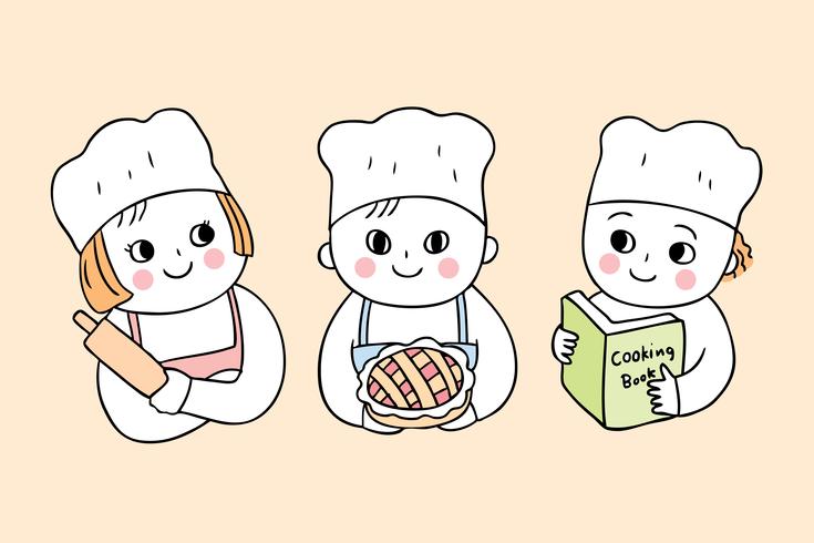 Dibujos animados lindo regreso a clases de cocina con tres estudiantes vector