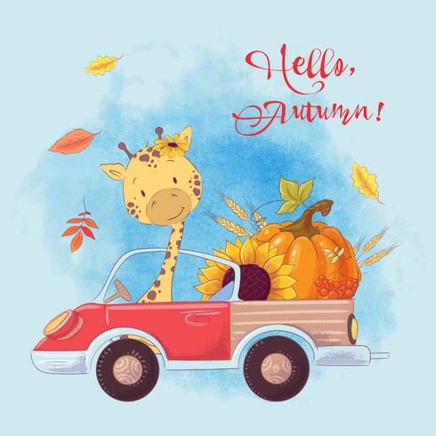 Greeting card cute cartoon giraffe on a truck with pumpkin and autumn fruits vector