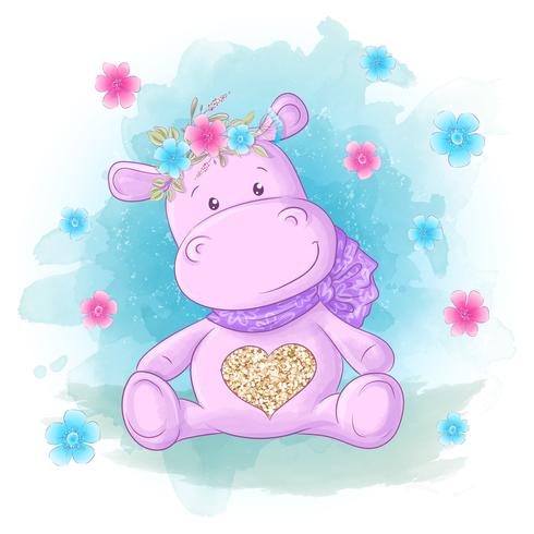 Hippo with flowers and butterflies Cartoon style. vector