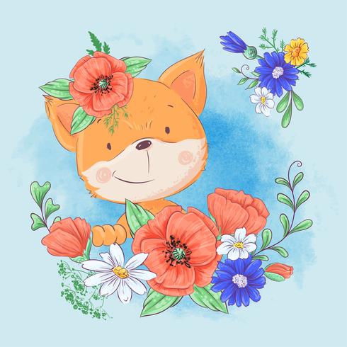 Cartoon cute fox in a wreath of red poppies and cornflowers, wildflowers vector