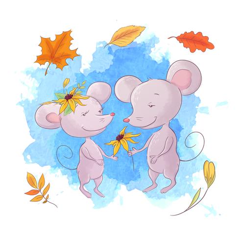 Ratón de dibujos animados lindo y hojas de otoño. vector