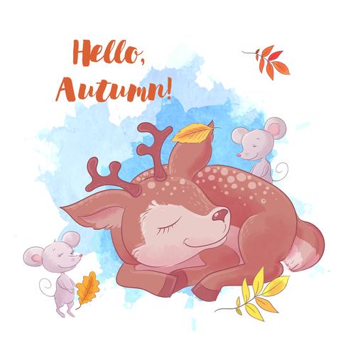 Cute cartoon deer is sleeping with autumn and leaves. vector