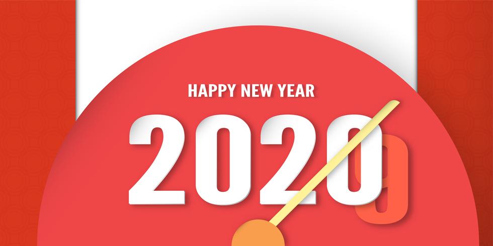 Diseño de reloj feliz año nuevo 2020, año de la rata en corte de papel y estilo artesanal. vector