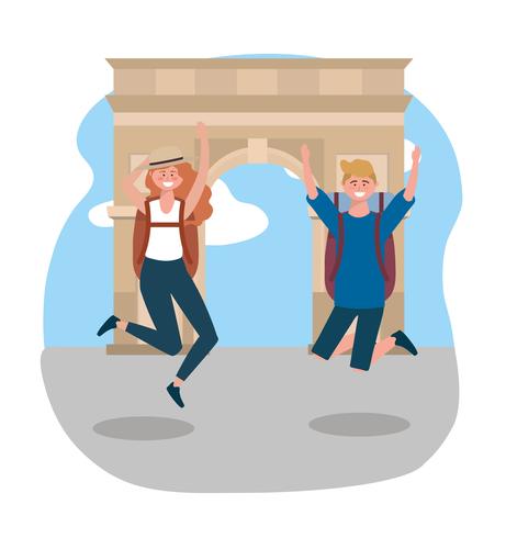 Male and female tourists jumping in front of arc de triomphe vector