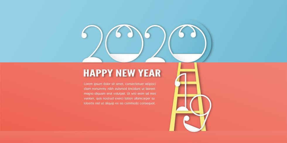 Happy new year 2020 with 2019 falling down ladder, year of the rat in paper cut and craft style vector