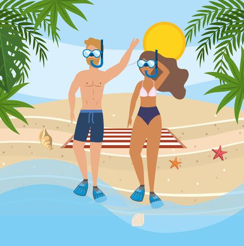 Man and woman with scuba masks by the beach vector