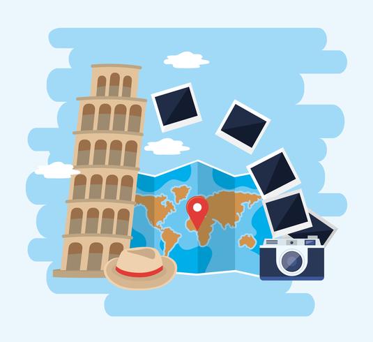 Torre inclinada de pisa con cámara y mapa mundial vector