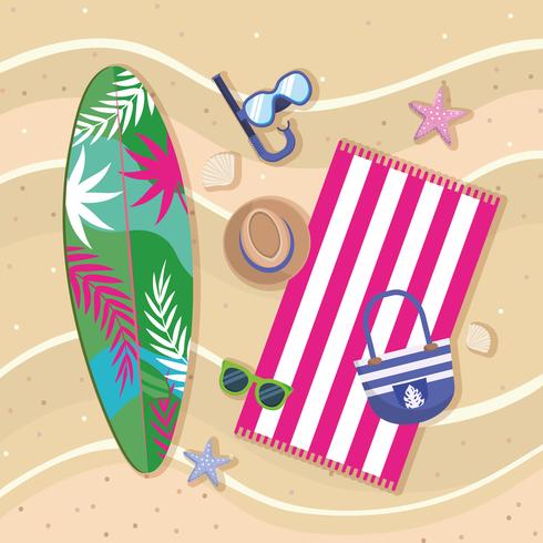 Aerial view of surfboard on beach with snorkel, hat, towel and bag vector