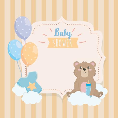 Baby shower label with teddy bear on cloud with balloons  vector