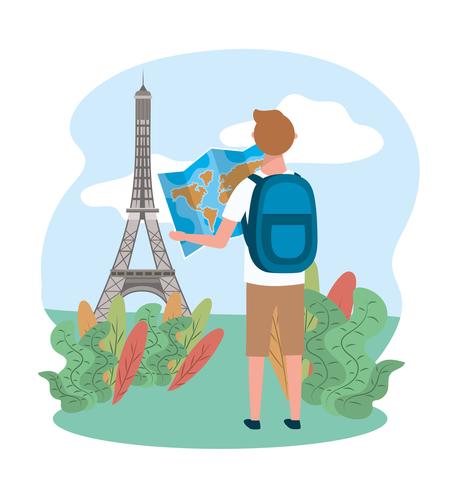 Male tourist looking at map in front of eiffel tower 671623 Vector Art at Vecteezy